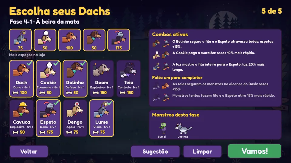 Escolha dos Dachs antes de uma fase, com os combos ativos