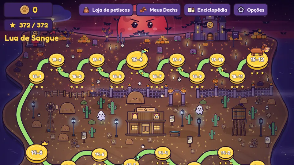 Mapa do mundo da Lua de Sangue, com as fases ligadas por um caminho verde